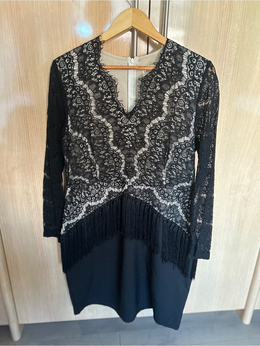 Club L London Black Lace Long Sleeve Fringe Dress
